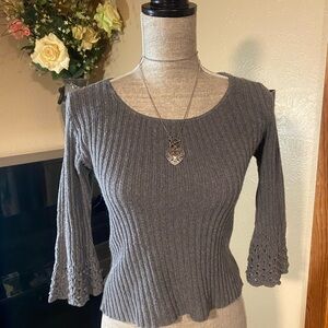 Gray Ribbed Knit Sweater with Bell Sleeves